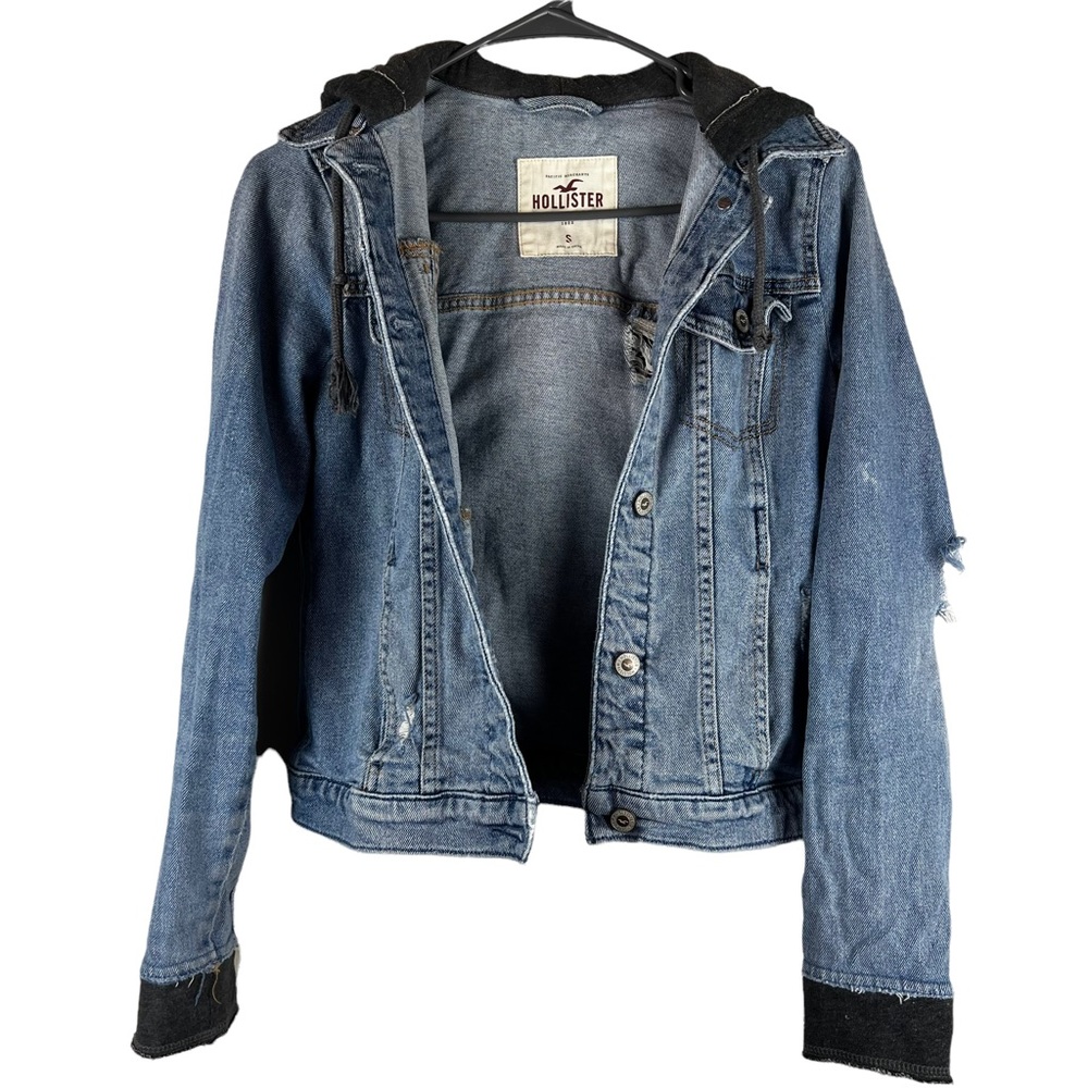 Hollister Denim Jean Jacket Sweatshirt Hood & Cuffs Size Small